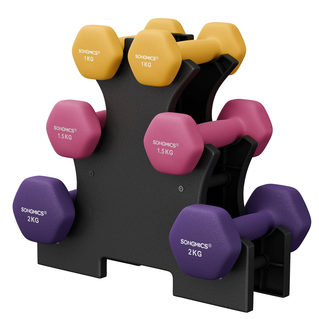 SONGMICS Kurzhantel Set, Hexagon, mit Hantelständer, 2 x 1 kg, 2 x 1,5 kg, 2 x 2 kg, mattes Finish,