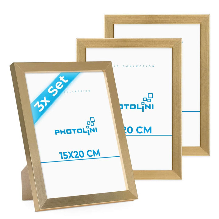 PHOTOLINI Bilderrahmen 15x20 Holz MDF Gold, 3er Set Bilderrahmen 20x15, Picture Frame mit Acrylglas,