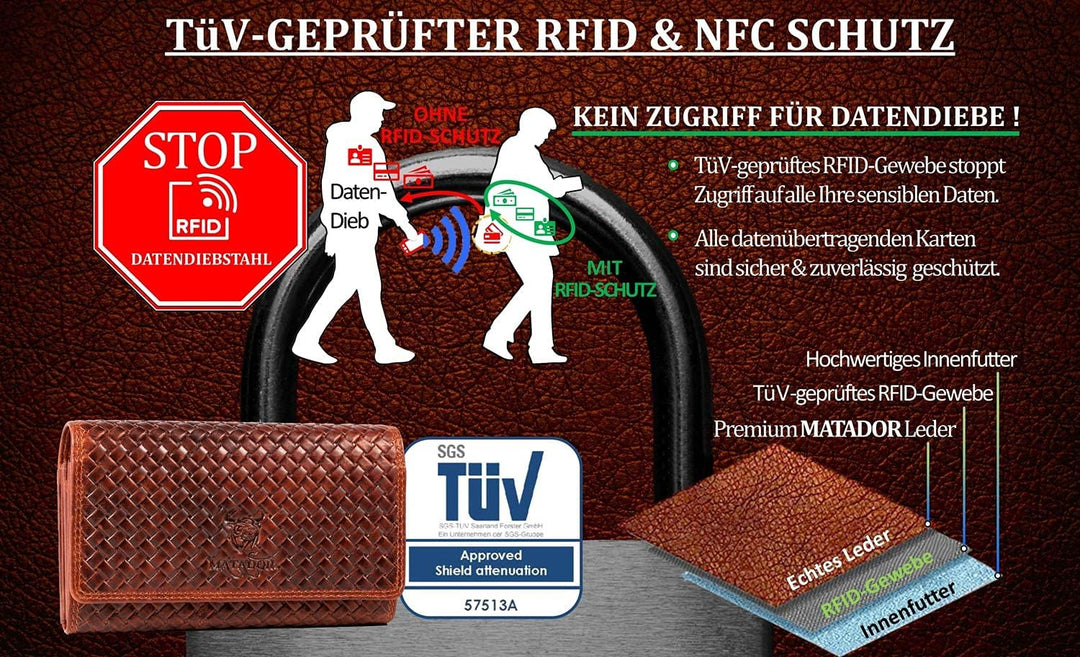 MATADOR Geldbörse Damen – Echtleder mit 16 Kartenfächern | TüV Geprüfter RFID Schutz | Portemonnaie