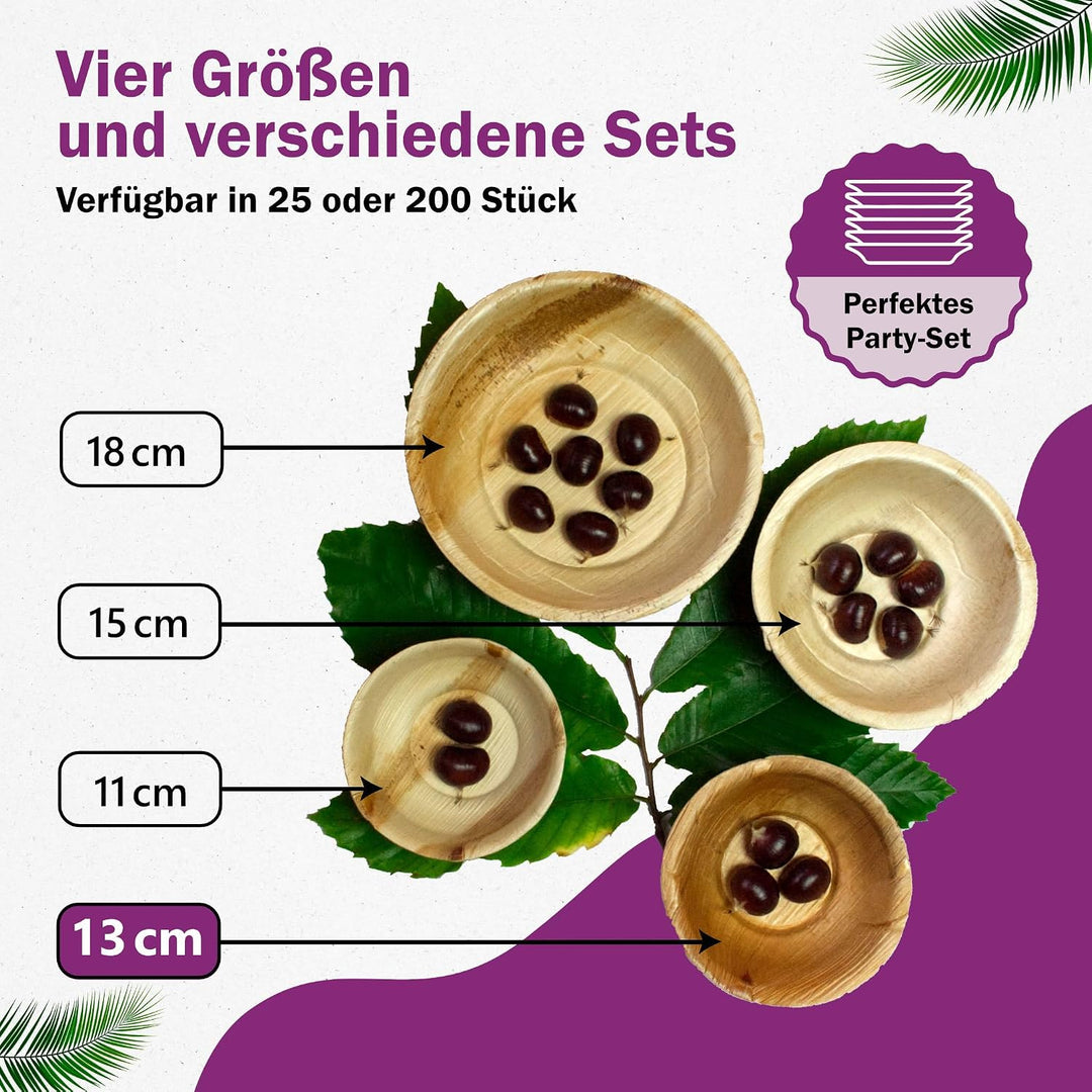 Waipur Bio Palmblattschalen - 200 Schalen Ø 13 cm / 275 ml - Premium Einweg Geschirr kompostierbar -