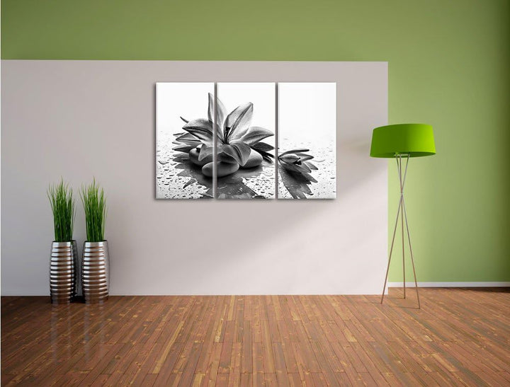 Pixxprint Monocrome, Düstere Lilie mit Zen Steinen 3-Teiler Leinwandbild 120x80 Bild auf Leinwand