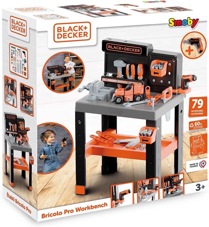 Smoby – Black+Decker Pro Werkbank für Kinder - 79 Zubehörteile wie Säge, Schraubendreher, Schraubzwi