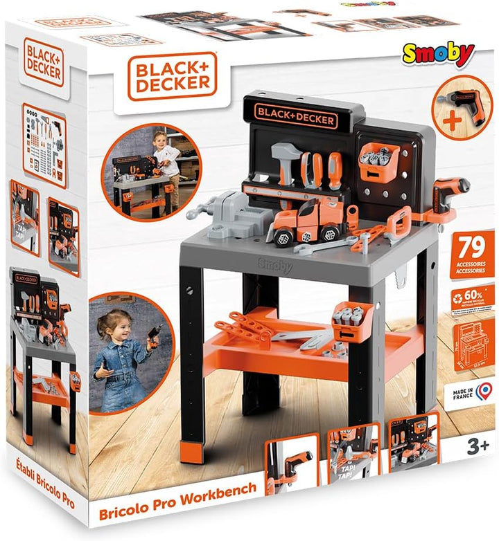 Smoby – Black+Decker Pro Werkbank für Kinder - 79 Zubehörteile wie Säge, Schraubendreher, Schraubzwi