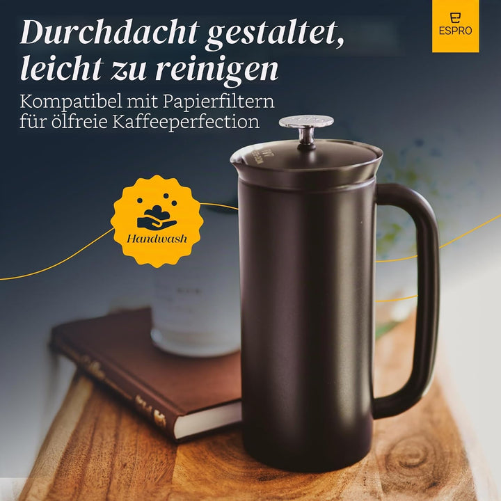 Espro French Press P7, Kaffee Stempelkanne, Coffee-Maker, Kaffeezubereiter, Rostfreier Stahl, Schwar