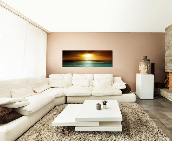 Paul Sinus Art Panoramabild auf Leinwand und Keilrahmen 150x50cm Seychellen Sonnenuntergang Meer