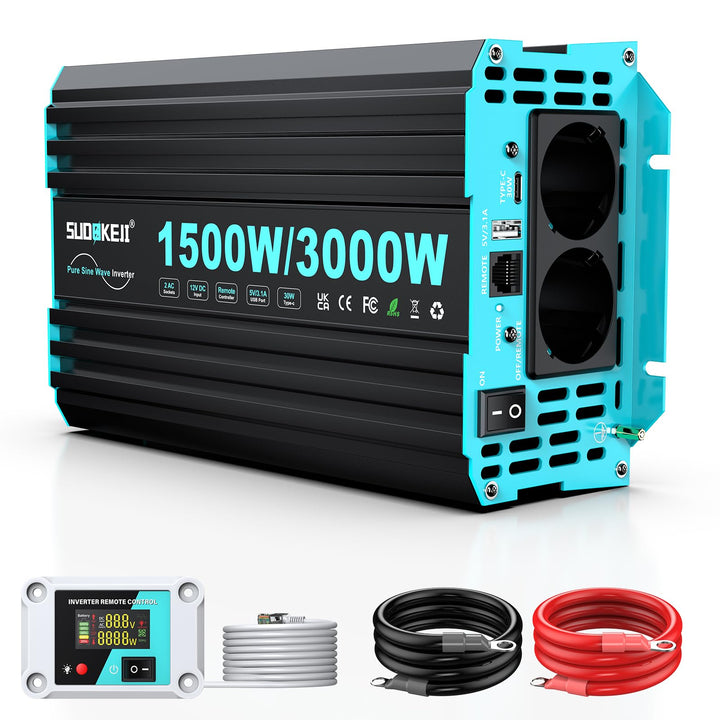 SUDOKEJI 1500W/3000W Wechselrichter Reiner Sinus Spannungswandler 12v auf 230v Power Inverter mit LC