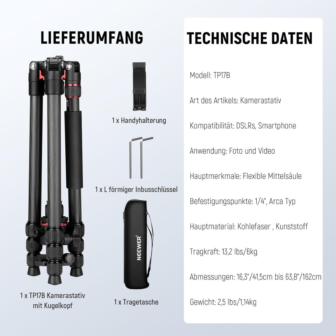 NEEWER Basics Carbonfaser Reisestativ Einbeinstativ, 64" kompaktes leichtes tragbares Handy Kamera S