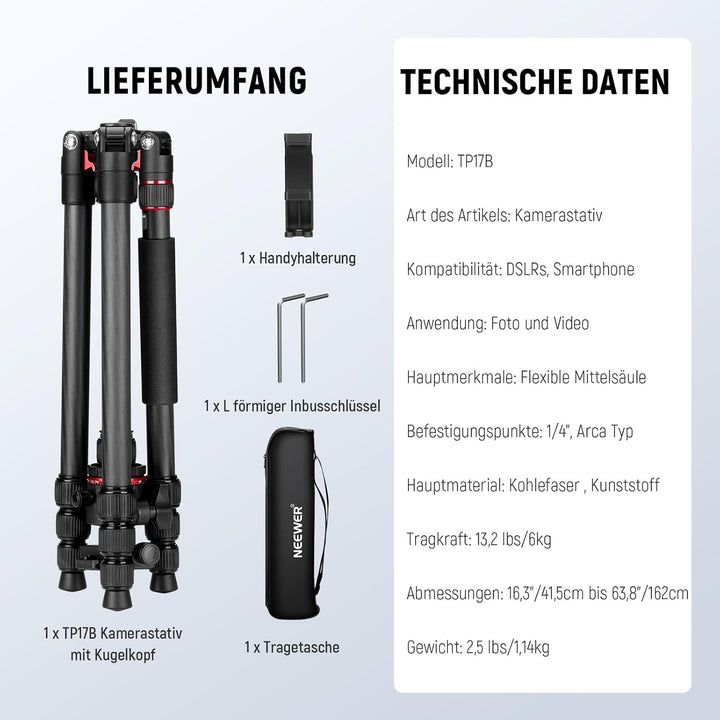 NEEWER Basics Carbonfaser Reisestativ Einbeinstativ, 64" kompaktes leichtes tragbares Handy Kamera S
