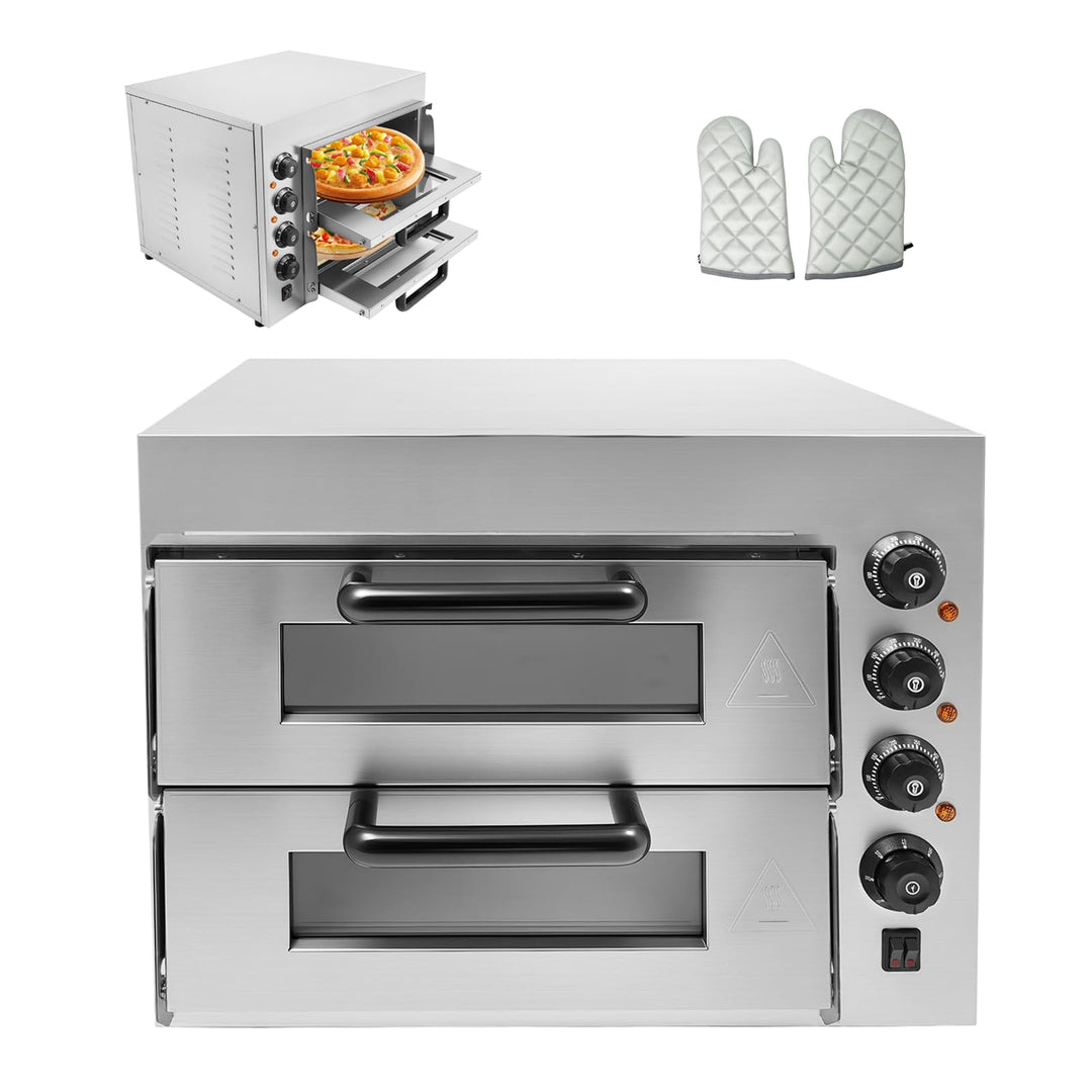 Pizzaofen Elektrisch 2-Etagen Pizza Backofen 3000W Pizzamaker mit Handschuhe, Pizzabackofen Temperat