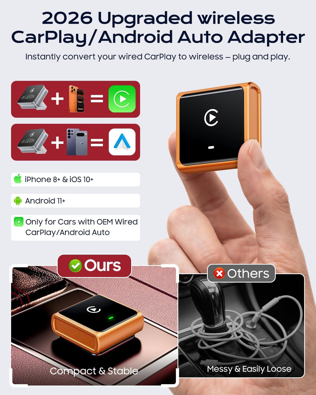 CarPlay Wireless Adapter 2026, verbessertes Aluminiumgehäuse für Apple CarPlay & Android Auto, wande