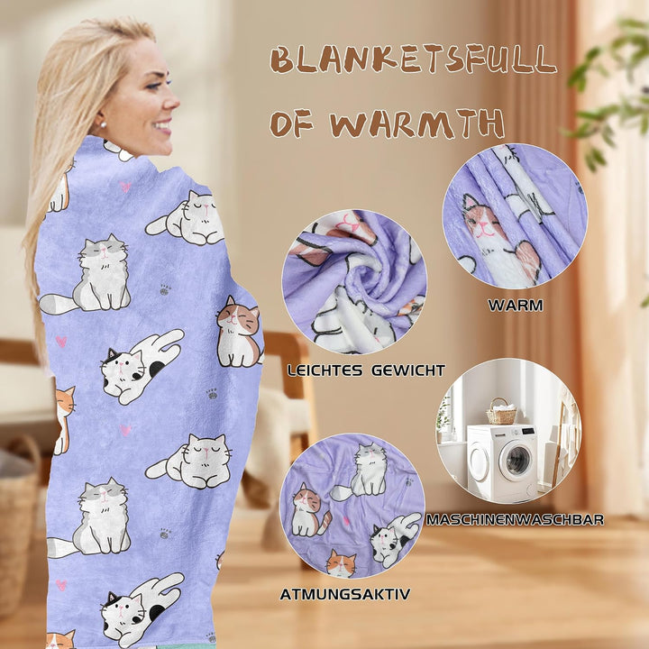 Decke katzenmotiv 130x150cm,Cartoon Kätzchen kuscheldecke Fleece Decke mit 3D Tierdruck, Weiche Warm