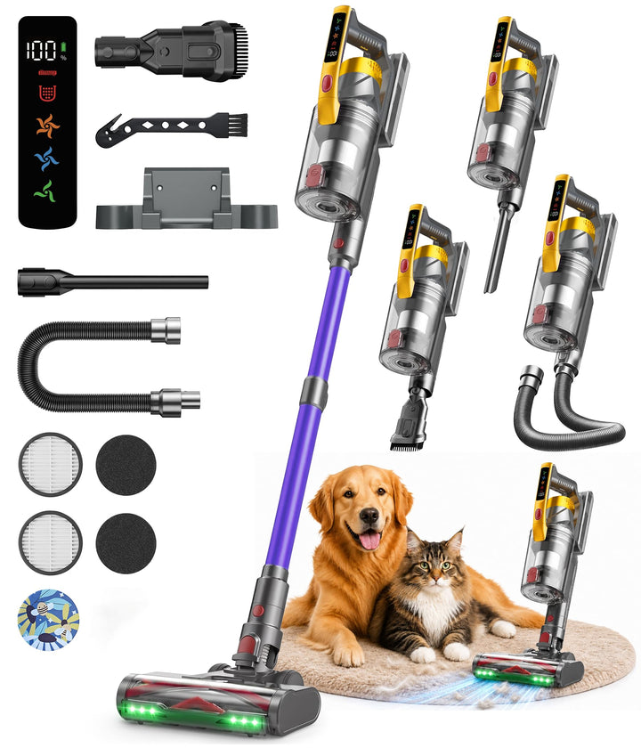Zoomcat Akku-Staubsauger 600 W, 50 kPa, 70 Min kabellos Lila | Tierpflegebürste, 1,4m Schlauch, Wand