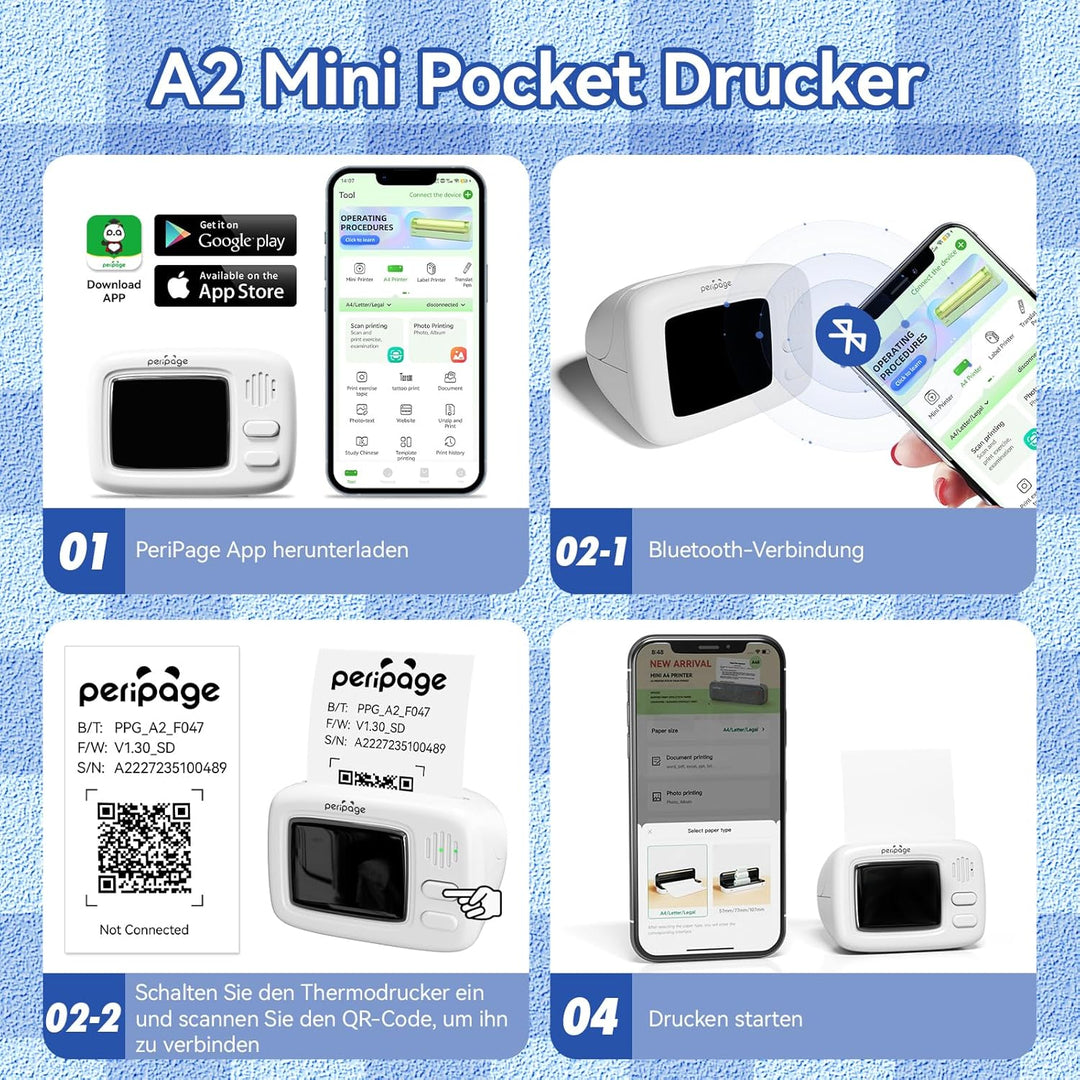 PeriPage Mini Aufkleber Thermodrucker, Tragbarer Mini Bluetooth Drucker, Taschen Thermodrucker für D