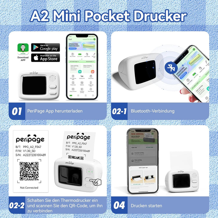 PeriPage Mini Aufkleber Thermodrucker, Tragbarer Mini Bluetooth Drucker, Taschen Thermodrucker für D