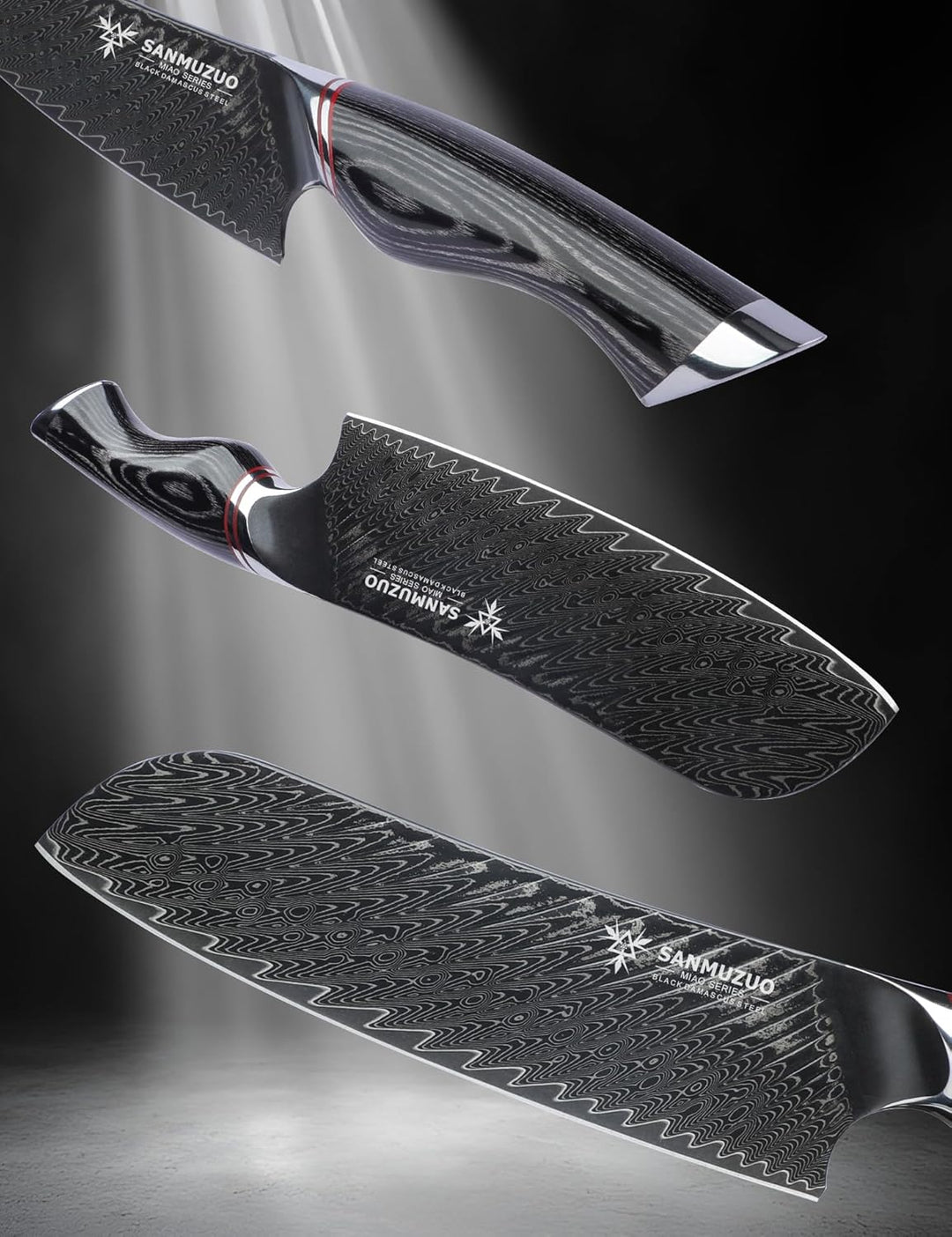 Japanisches 18 cm Santokumesser – Kochmesser – Schwarzer Damaststahl mit ergonomischem Griff – Miao