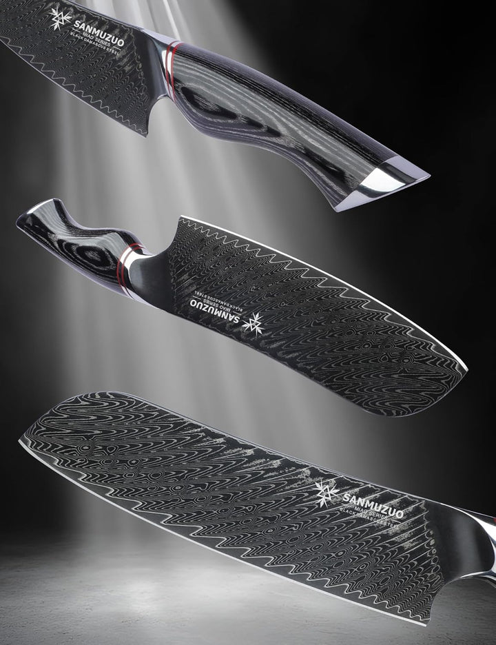 Japanisches 18 cm Santokumesser – Kochmesser – Schwarzer Damaststahl mit ergonomischem Griff – Miao