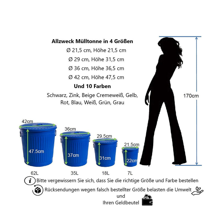 Jinfa Retrodesign Mülleimer mit Deckel | Blau | Ø 36 cm, Höhe 36,5 cm, 35 Liter 1 Stück - 35 Liter -