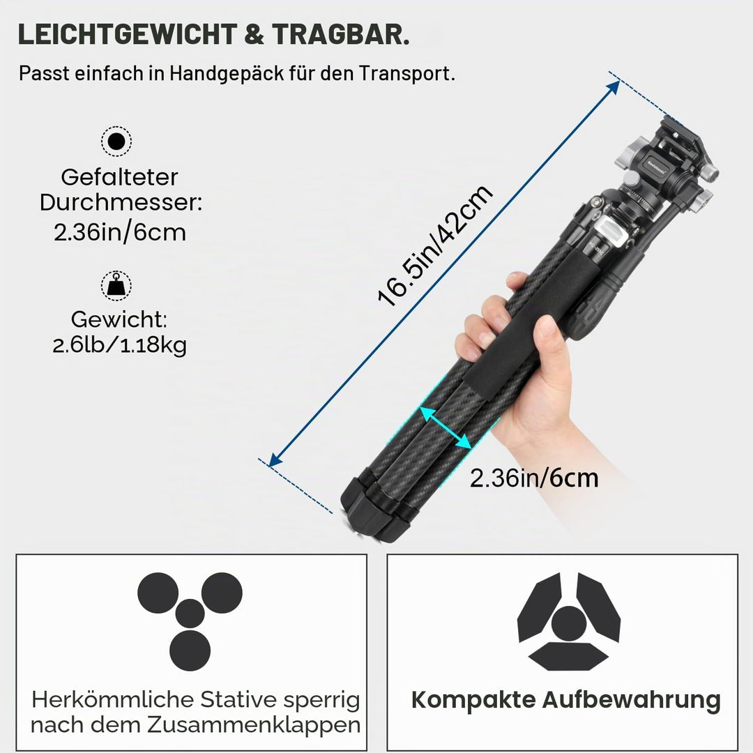 Koolehaoda Kamera Stativ Reisestativ 160 cm Carbon Stativ mit 360° Panorama Fluidkopf & Kurze Mittel