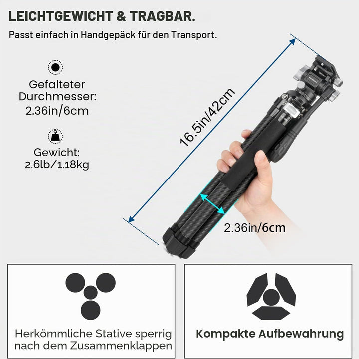 Koolehaoda Kamera Stativ Reisestativ 160 cm Carbon Stativ mit 360° Panorama Fluidkopf & Kurze Mittel