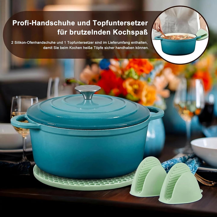 Nilpferd Gusseisen Topf Schmortopf 24cm Emaille Bräter mit Deckel Topflappen, Kasserollen Bratentopf