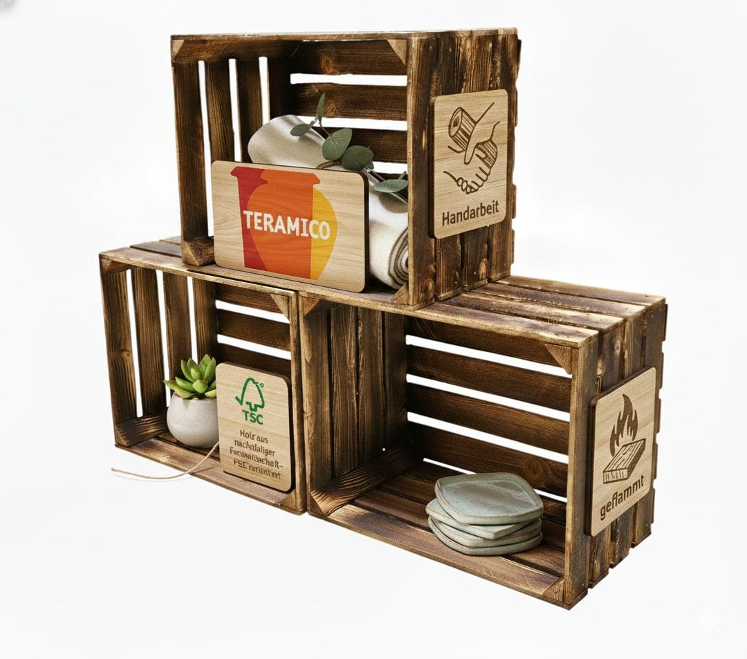 Geflammte Holzkisten im Set-Angebot: Originale, vintage Obstkisten Apfelkisten aus dem alten Land zu