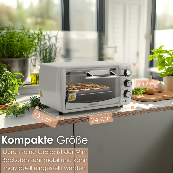 Mini Backofen 13 Liter | 1200 Watt | Pizzaofen | 65°-230°C | Timer | aufklappbares Krümelblech | Min