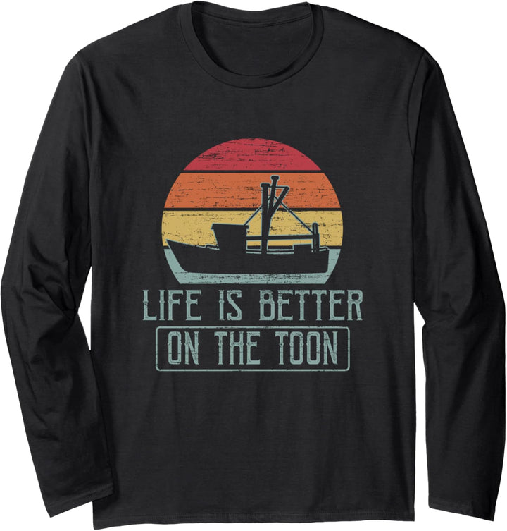 Life Is Better On The Toon Retro Sunset Pontoon Boat Boating Langarmshirt
