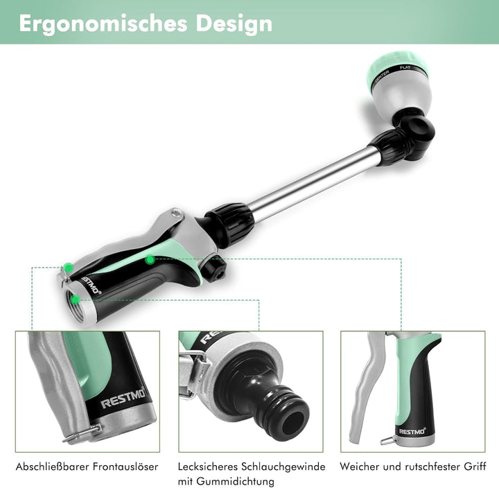 RESTMO Garten Giessstab Metall, 42cm Lang Giessstab, 180° schwenkbaren Kopf Stabbrause mit Durchflus
