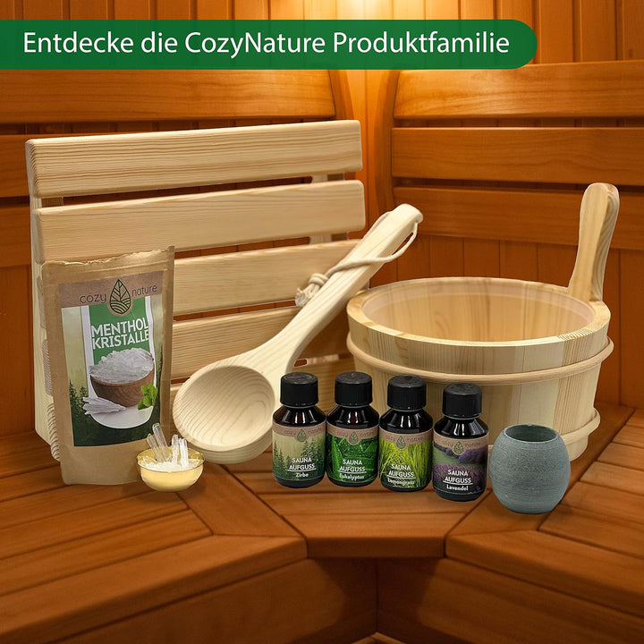 CozyNature® Sauna Eimer mit Kelle aus hochwertigem finnischen Kiefern-Holz | edle Metallringe - kräf