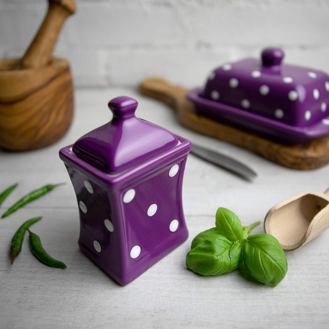 City to Cottage® - Keramik Behälter Küche 150 ml | Lila und Weiss | Polka Dots | Handgemacht | Behäl