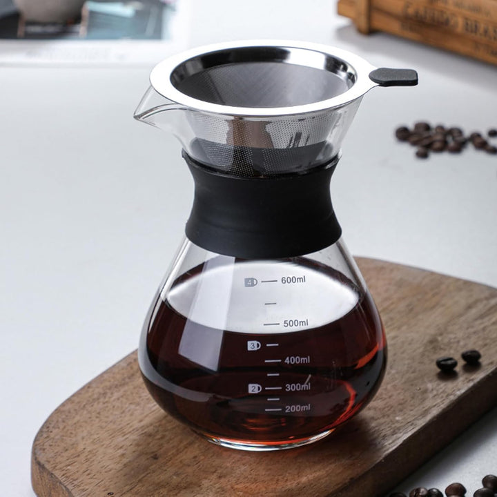 Pour Over Kaffeebereiter, 600 ml Borosilikat Glaskanne mit doppelschichtigem Edelstahlfilter, Perman