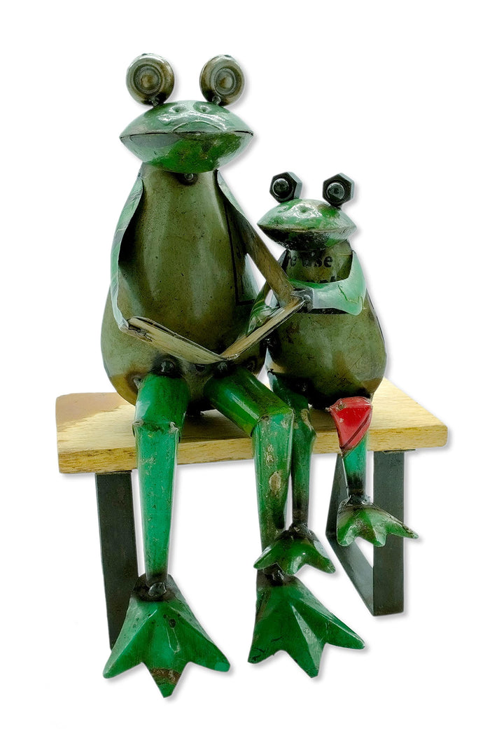 Metall Dekofigur Frösche auf Holz-Bank 21 x 31cm grün braun schwarz Garten-Figur Deko Frosch Skulptu