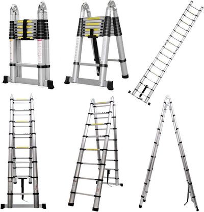 5M Teleskopleiter Alu Leiter Ausziehbare Klappleiter 2.5M + 2.5M Teleskop Leiter mit Stabilisator, H