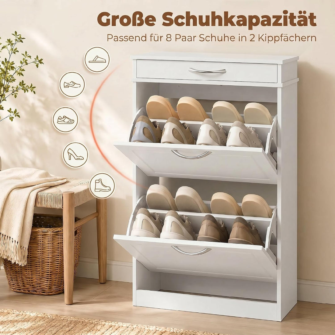 HOMCOM Schuhschrank mit 2 Klappen, Schublade, 53 x 26,5 x 89 cm, Weiss | Schuhkipper Schmal Schuhreg