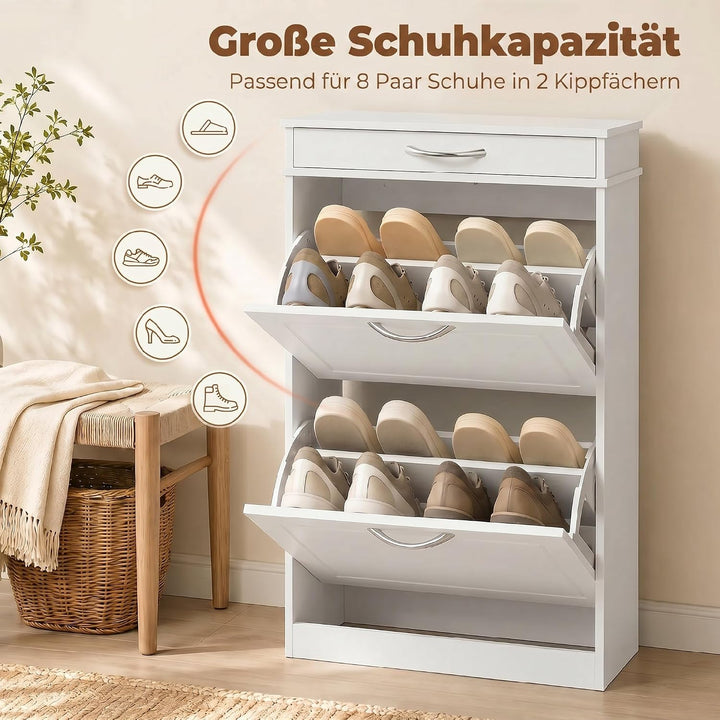 HOMCOM Schuhschrank mit 2 Klappen, Schublade, 53 x 26,5 x 89 cm, Weiss | Schuhkipper Schmal Schuhreg