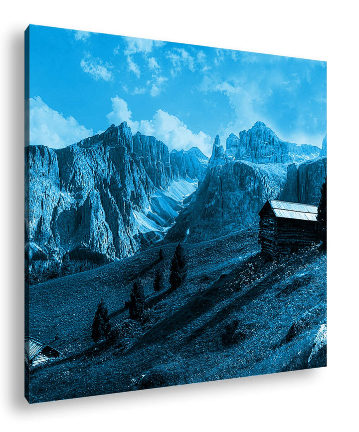 einsame Hütte in den Bergen Format: 70x70 Effekt: Monocrome Blau als Leinwandbild, Motiv fertig gera