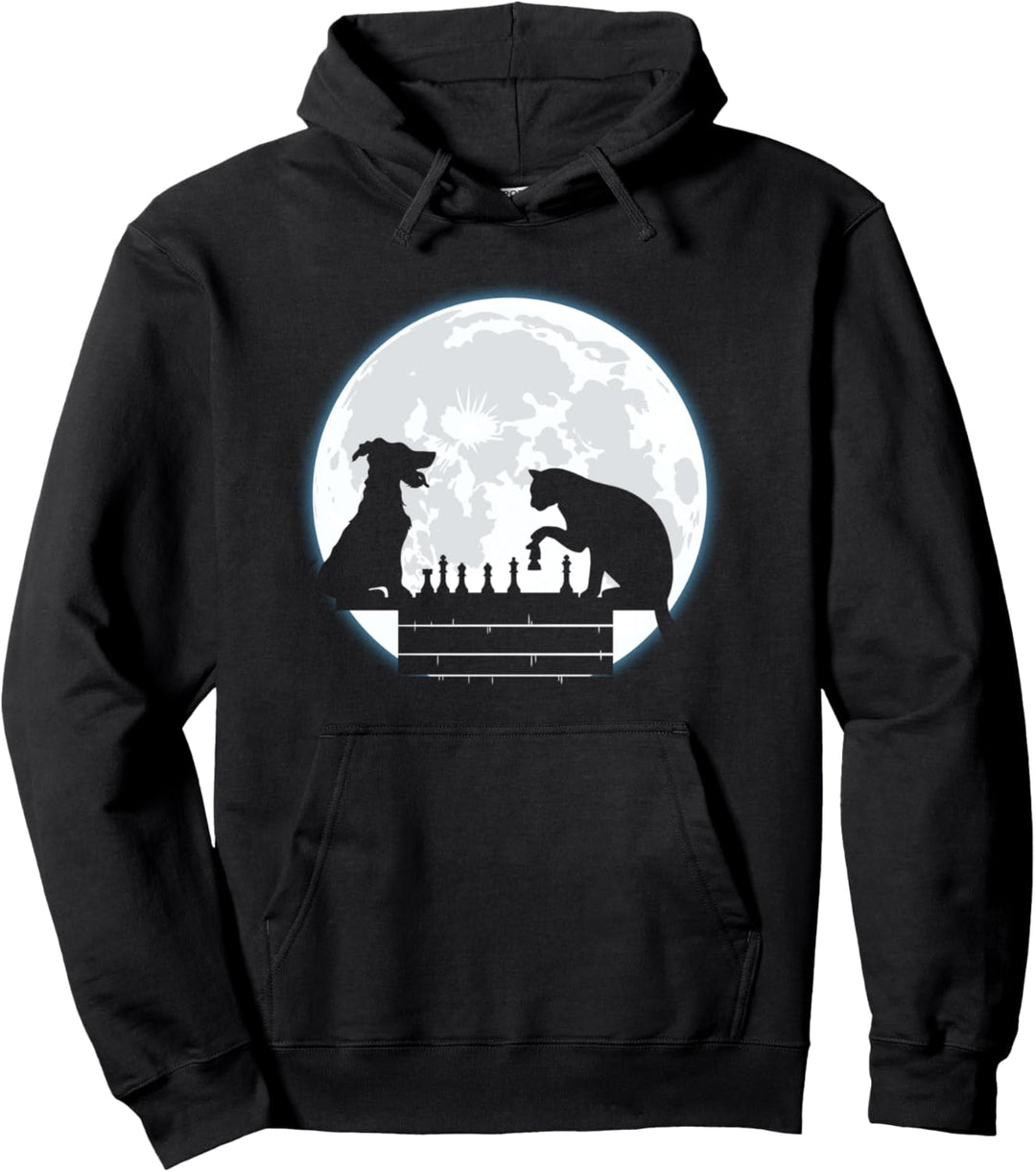 Lustige Katze Hund & Mond Schach spielen Haus Haustiere Pullover Hoodie