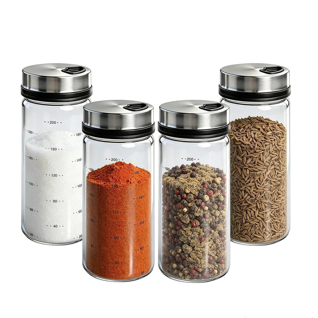 4 Stück 200ml Gewürzgläser mit Drehdeckel , Borosilikatglas Gewürzstreuer , 4-fach Verstellbare Stre