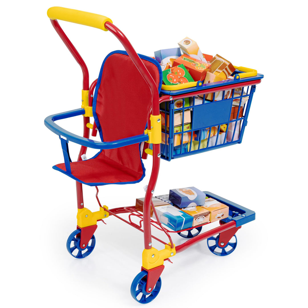 Bayer Design 75003AA Einkaufswagen Supermarkt Kinder, mit Spiellebensmittelkartons, bunt, aus Metall