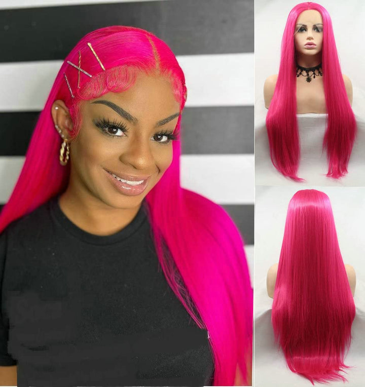 Hellrosa Perücke, lang, glatt, synthetische Lace-Front-Perücke für Damen, Hot Red Pink, halb handgek