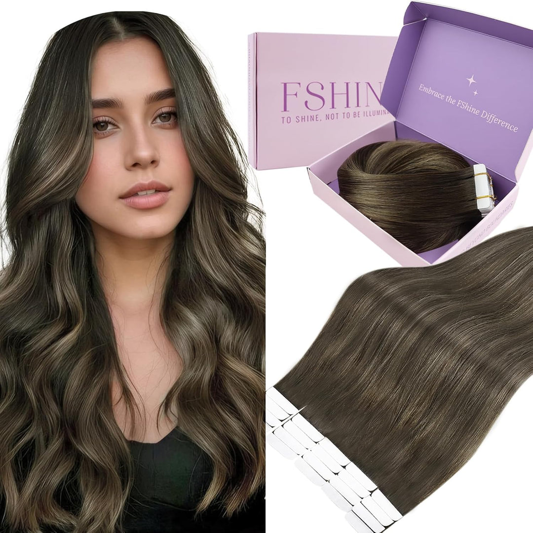 Fshine Echthaar Extensions Tape in Echthaar Balayage Dunkelbraun bis Kastanienbraun 30cm 20 Stücke 3