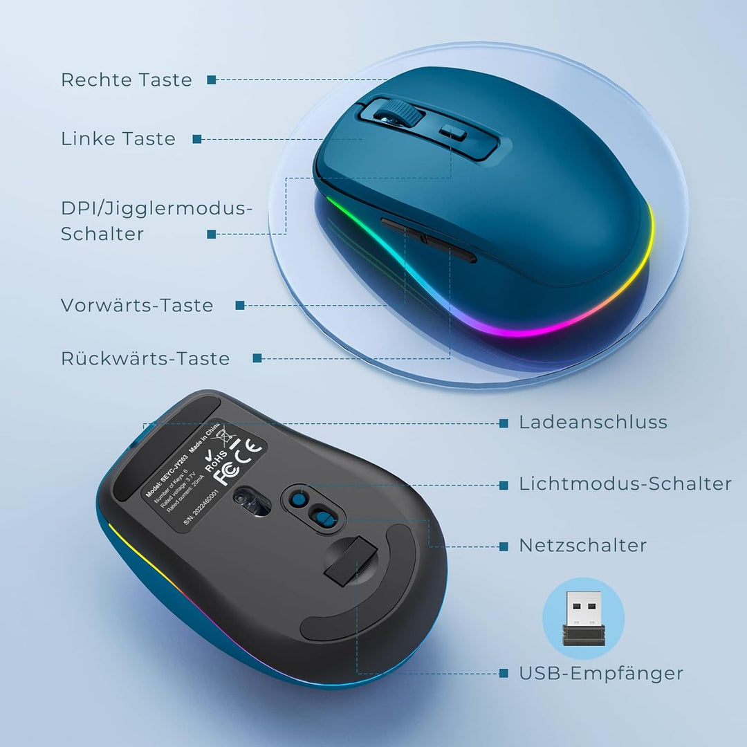 seenda Maus Kabellos LED, Wiederaufladbare Kabellose Maus mit Jiggler, Leise 2.4G USB Funkmaus für L