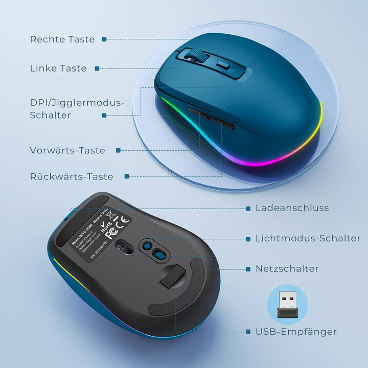 seenda Maus Kabellos LED, Wiederaufladbare Kabellose Maus mit Jiggler, Leise 2.4G USB Funkmaus für L