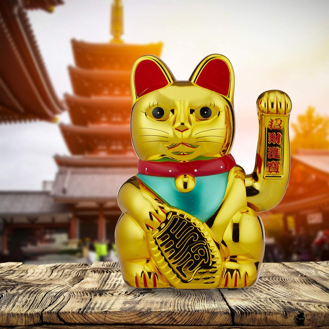 Relaxdays, gold Winkekatze, XL Maneki Neko, batteriebetriebene winkende Pfote, Glücksbringer für Rei