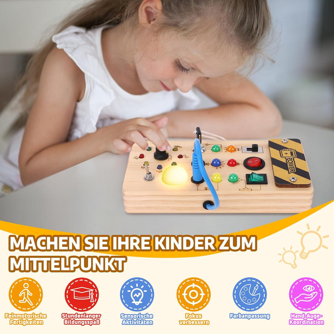 Konijiwa Montessori Busy Board 1 Jahr alt Kinder Activity Board Holzspielzeug mit 8 LED-Lichtschalte