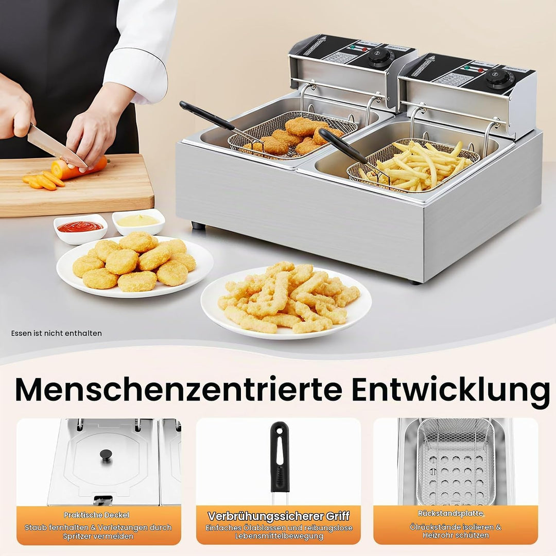 5000 Watt Elektrofritteuse Edelstahl Doppeldecker 12 Liter Fritteuse mit abnehmbarem Korb für Küchen