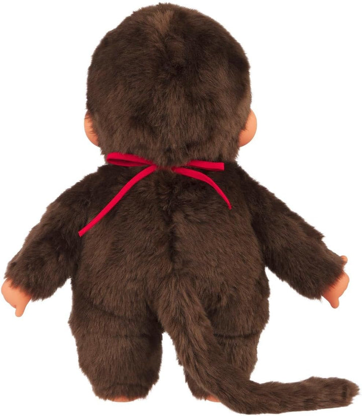 Sekiguchi 255410 - Original Monchhichi Junge, Plüschtier mit rotem Lätzchen und Zöpfen mit Schleifen