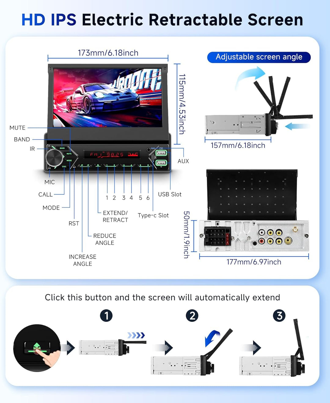 Hodozzy DAB Autoradio 1 Din Wireless Carplay Android Auto mit Automatisch Einziehbarem 7 Zoll Bildsc