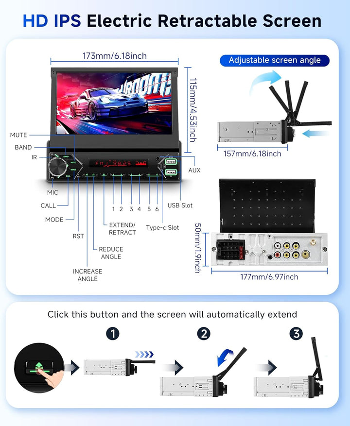 Hodozzy DAB Autoradio 1 Din Wireless Carplay Android Auto mit Automatisch Einziehbarem 7 Zoll Bildsc