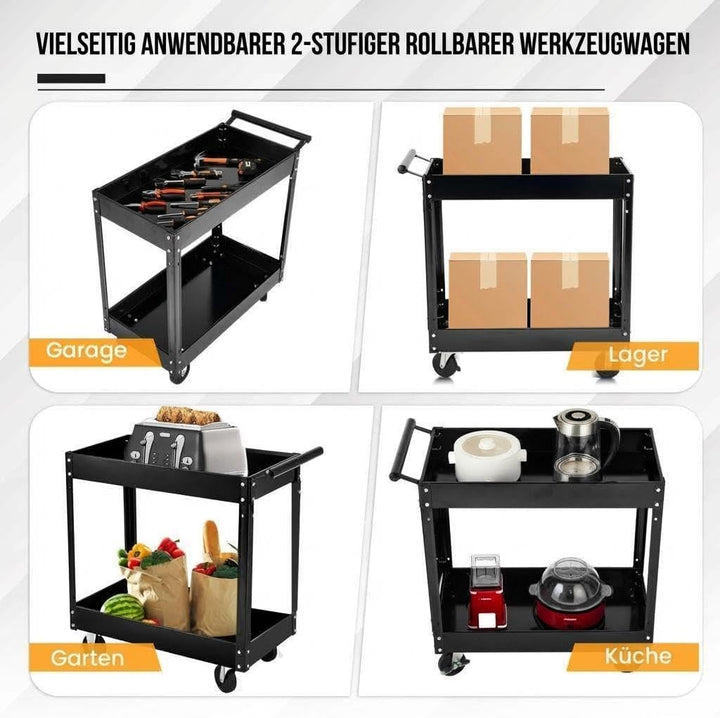 Werkzeugwagen Rollbar 2 Ebenen, Bis 150 kg Belastbar, Metall Werkstattwagen Mit Rollen, Schwerlast S
